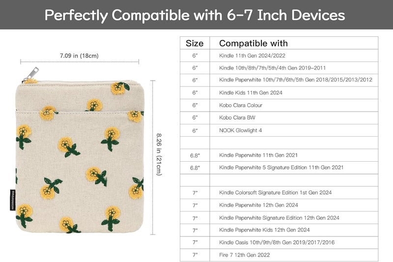 Dadanism Embroidered Daisy Padded Sleeve for All-New Kindle Paperwhite, 7" Kindle Colorsoft Signature Edition, Protective Sleeve Case for 6" K-indle/K-indle Oasis/Kobo E-Reader, Hemp Yellow Flower - Image 2